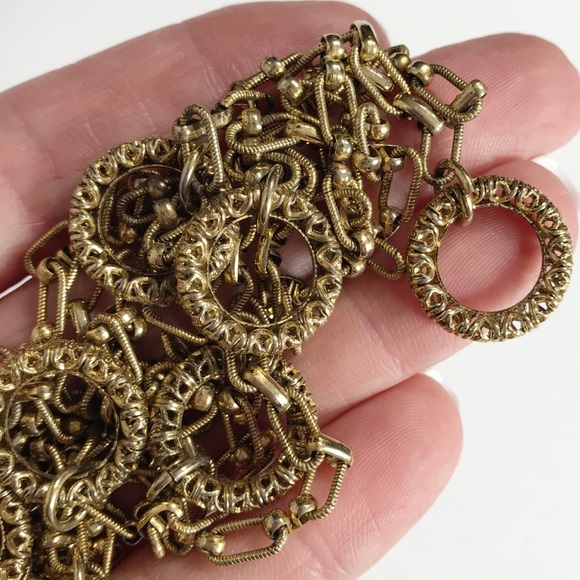 Edwardian Embellished Gold Tone Chain With Filigree Cutout Ring Opera Length 54" - Picture 14 of 14